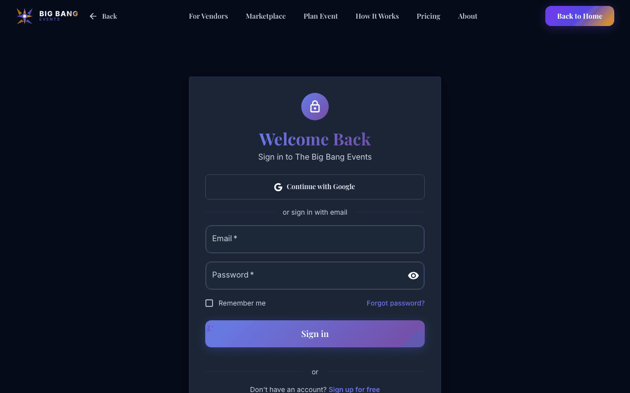 The Big Bang Events dashboard — manage events, vendors, timelines, and AI tools in one place